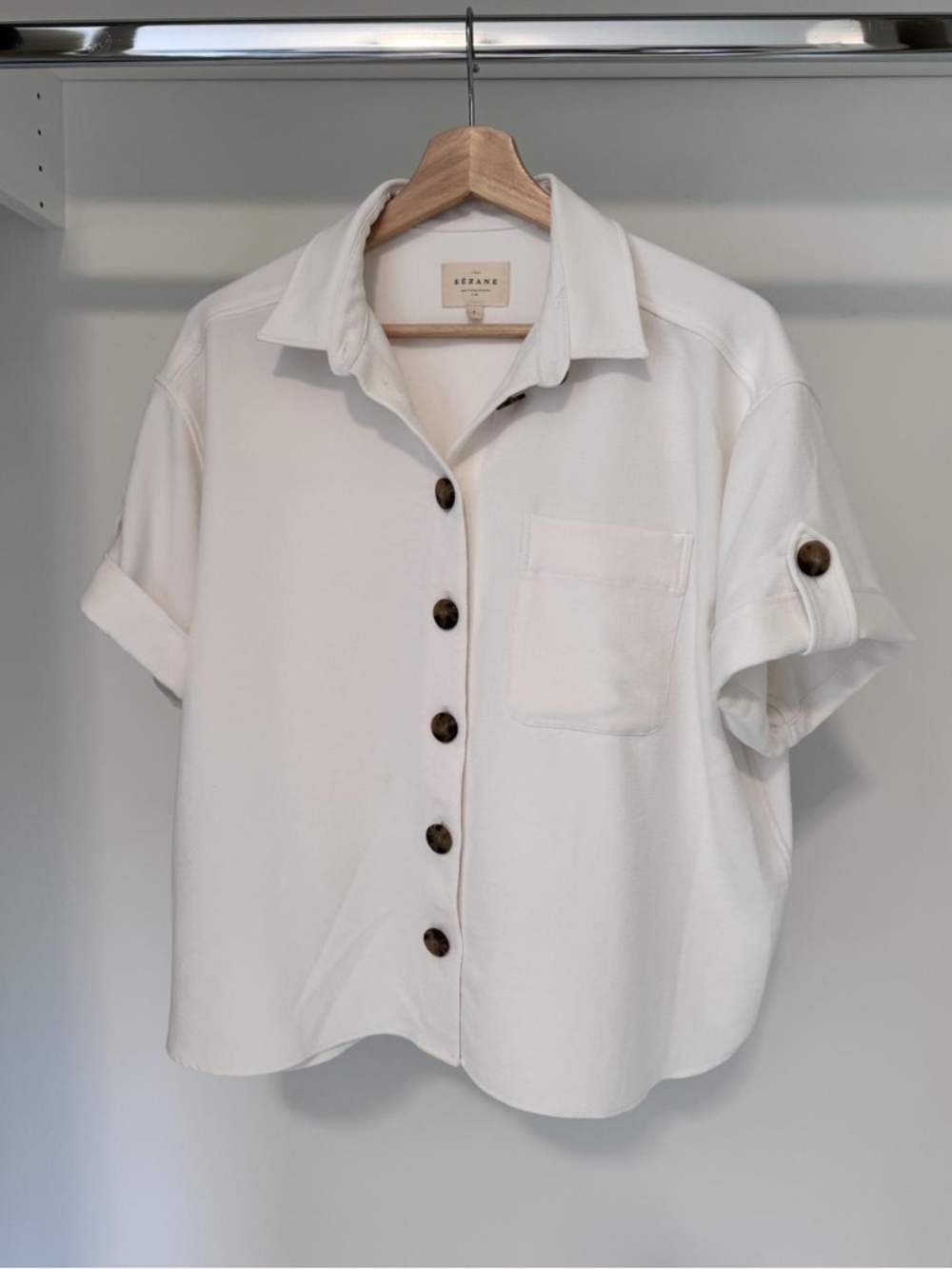 Sezane Button-Down Shirt Cream Size S Boxy Crop